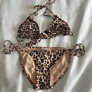 Leopard Cheetah 2 Piece String Bikini Halter Top Low Cut Bottom Swimsuit